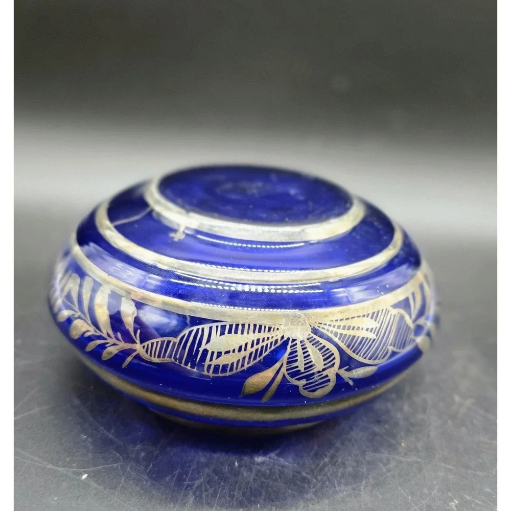 Vintage Cobalt Blue Italian Art Glass Silver Overlay Candy Dish Bowl 6